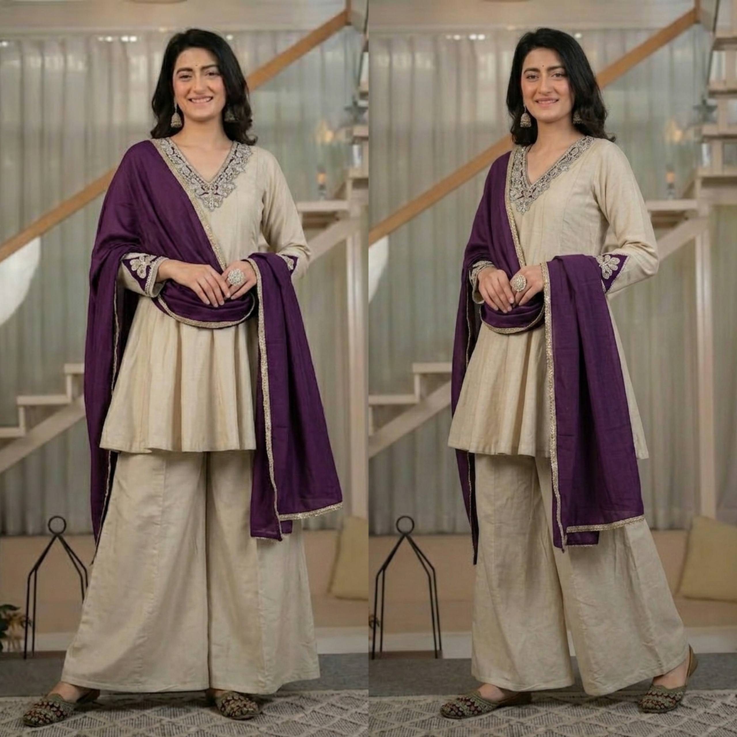 Regal Cream Silk Peplum Kurti and Flared Palazzo Suit Set Adorned with Ornate V-Neck Embroidery and a Rich Plum Purple Dupatta